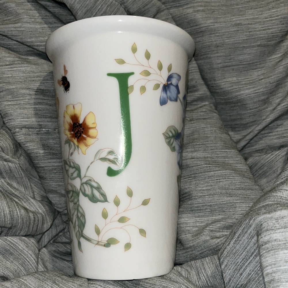 LENOX BUTTERFLY MEADOW FLORAL THERMAL TRAVEL PORCELAIN MUG TUMBLER monogram J